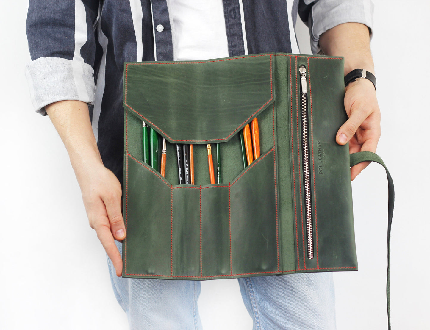 Portable Art Supplies Case, Leather Brush and Pencil Roll, Back to School Artist Organizer, Painting and Drawing Wrap