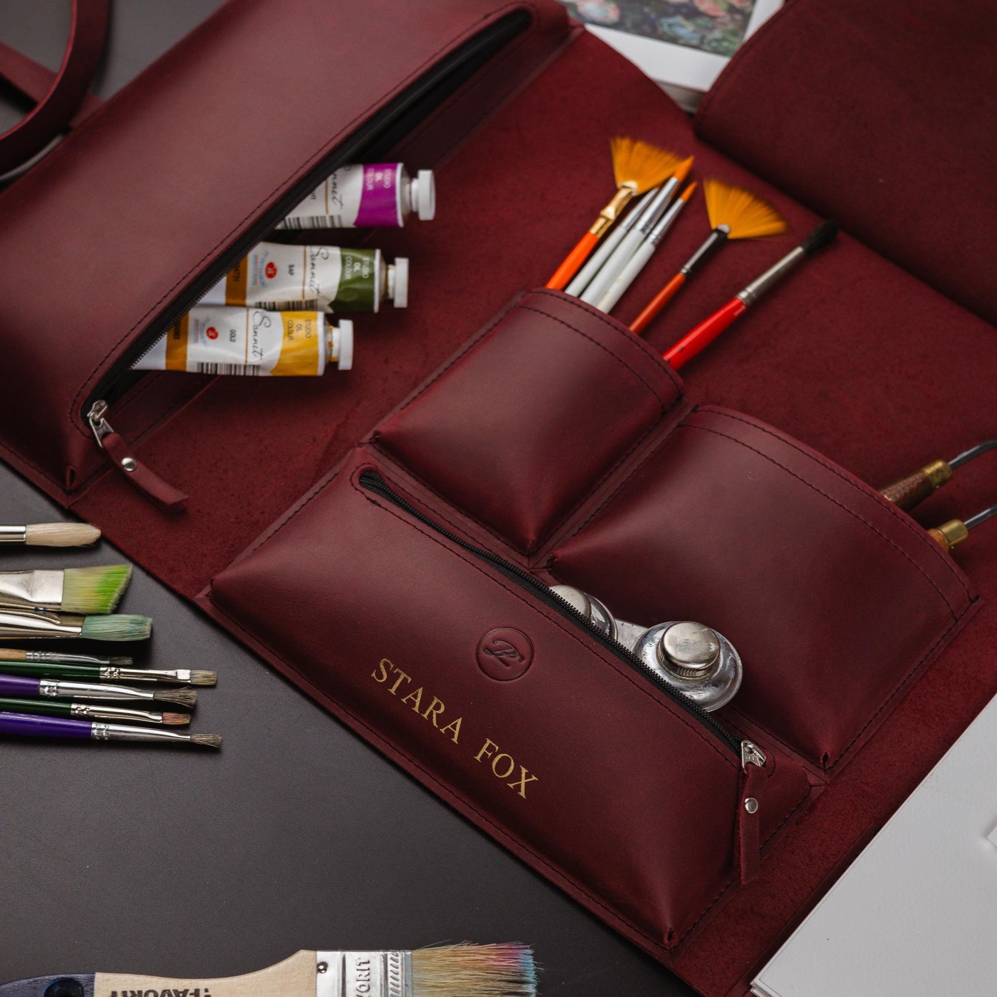 Leather Sketchbook and Supplies Organizer, Art Journal Cover, Pencil and Brush Holder, Drawing Case, Art Storage