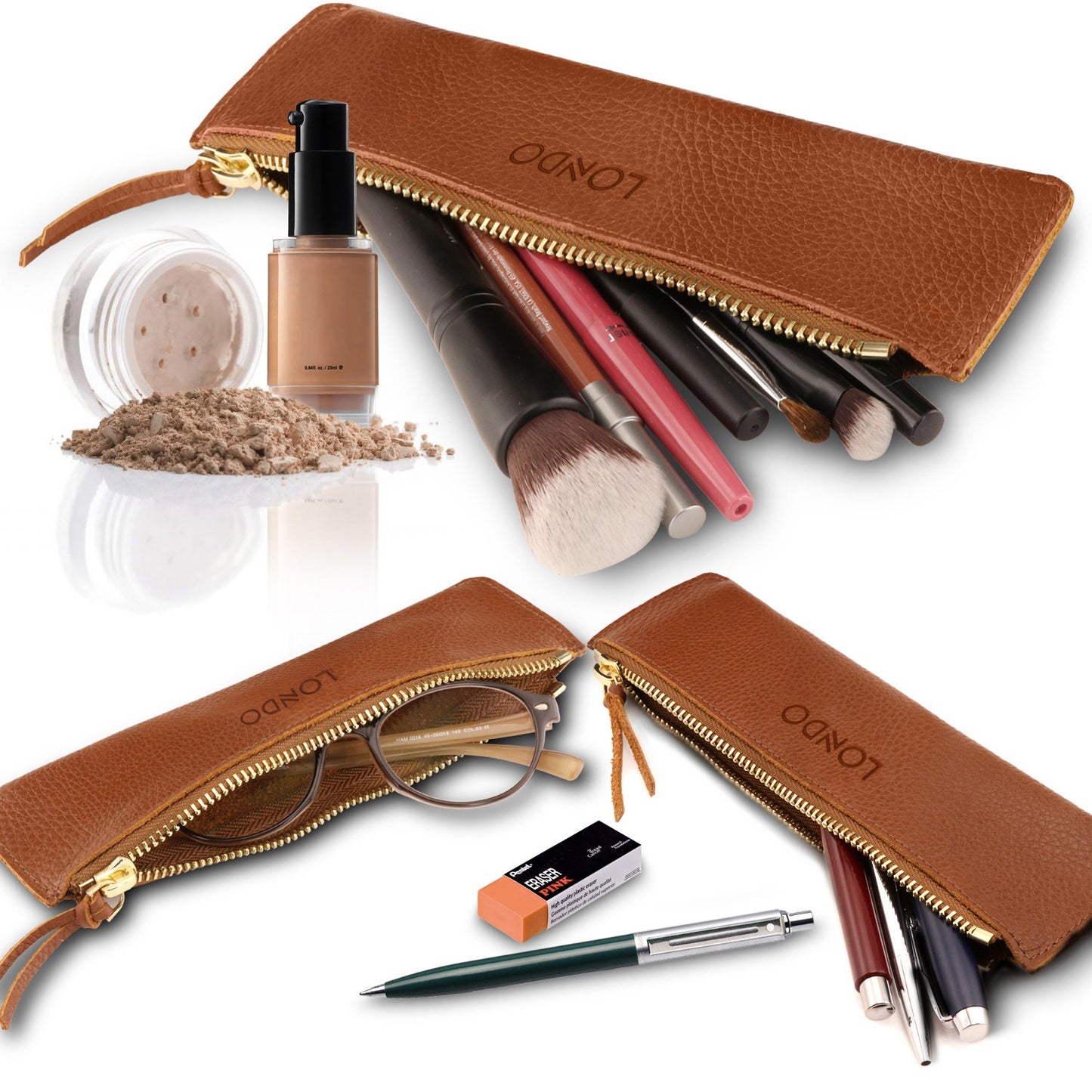 Hand Crafted Top Grain Leather Pen Holder, Slim Cosmetic Case, Lightweight Glasses Case, Unisex Pencil Case, Zipper Pen and Pencil Pouch Bag