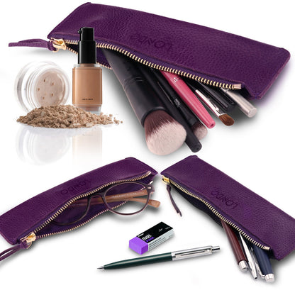 Hand Crafted Top Grain Leather Pen Holder, Slim Cosmetic Case, Lightweight Glasses Case, Unisex Pencil Case, Zipper Pen and Pencil Pouch Bag