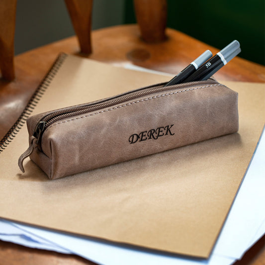 Leather Pen Pouch Personalized - Makeup Brush Case, Custom Pencil Holder, Top Grain Leather Gift