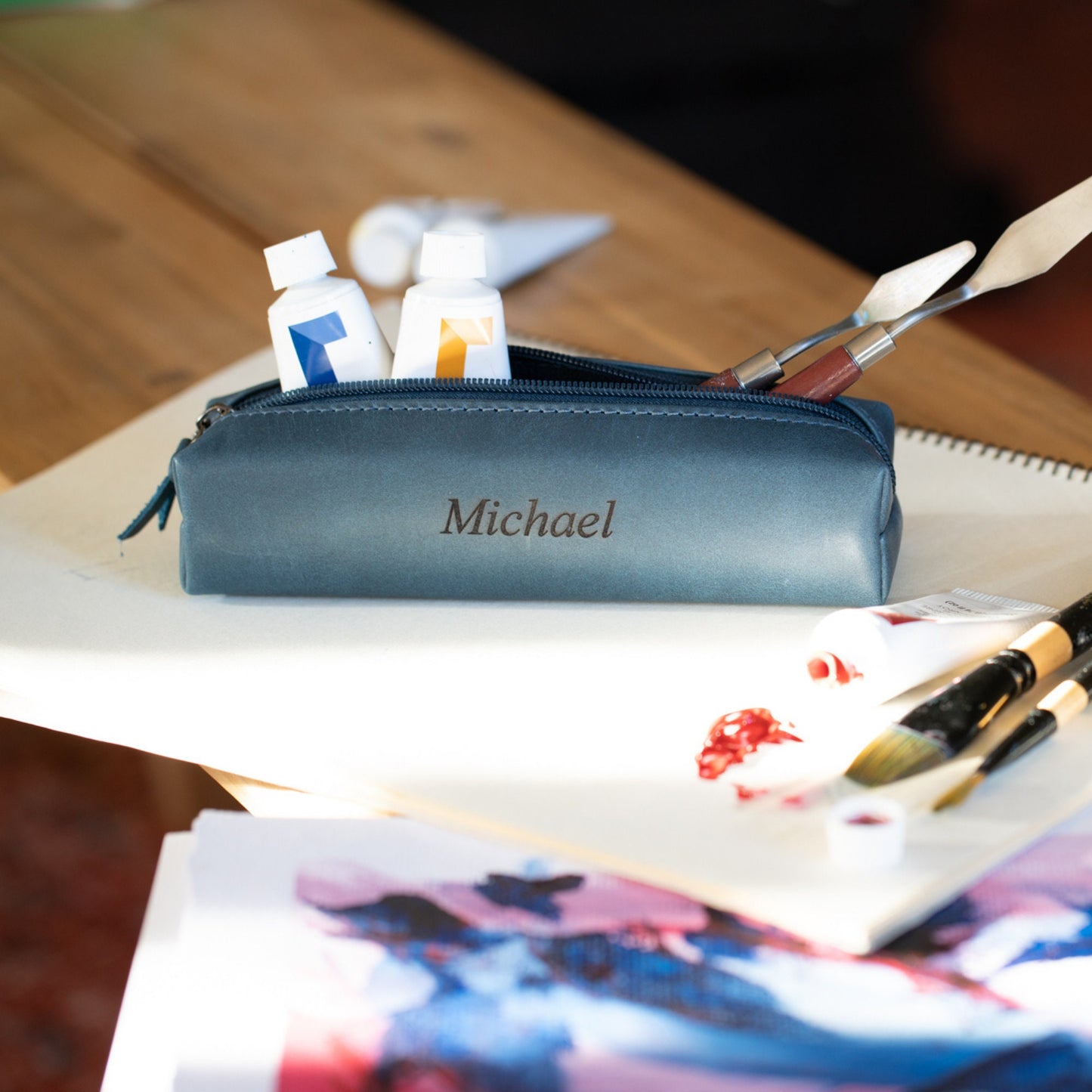 Leather Pen Pouch Personalized - Makeup Brush Case, Custom Pencil Holder, Top Grain Leather Gift