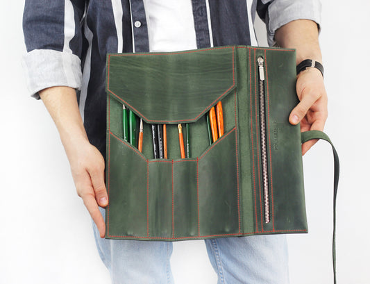 Portable Art Supplies Case, Leather Brush and Pencil Roll, Back to School Artist Organizer, Painting and Drawing Wrap