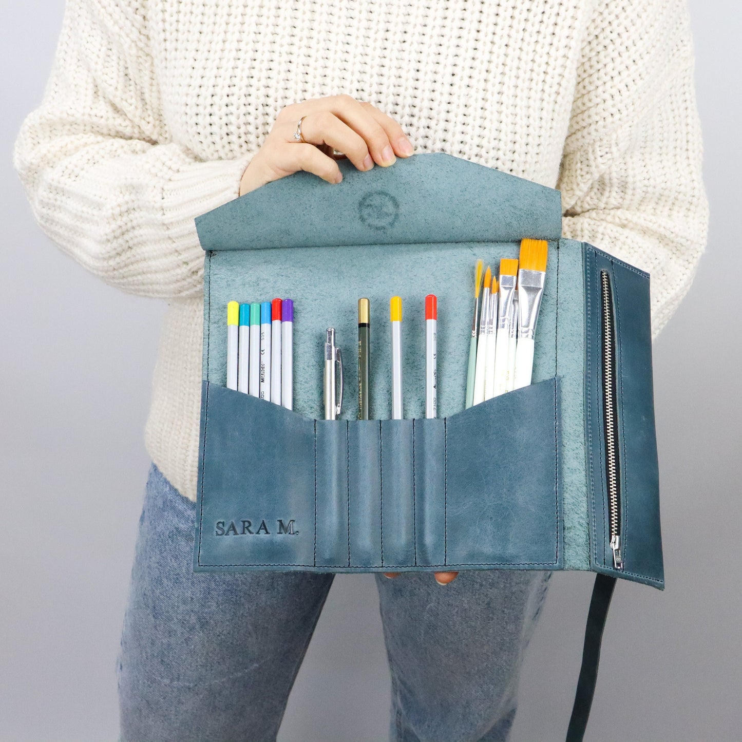 Art Camp Supply Case, Leather Pencil Wrap for Kids and Teens, Handmade Art Organizer, Summer Camp Art Roll