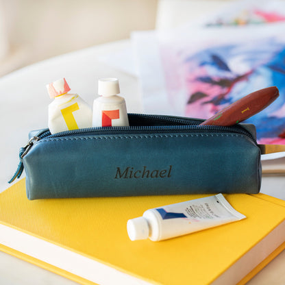 Personalized Hand Crafted Top Grain Leather Zip Pen Case, Pencil Bag, High-Quality Cosmetic Case, Custom Makeup Bag, Classic Look Pen Pouch