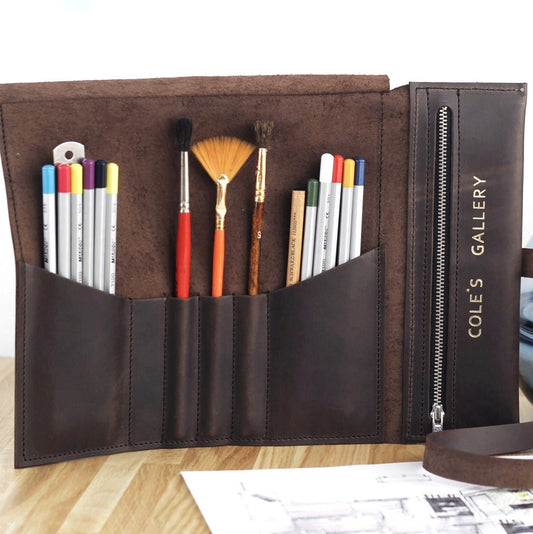Personalized Leather Pencil Roll, Gift for Artist, Painter Roll Case, Custom Art Organizer, Leather Brush Holder