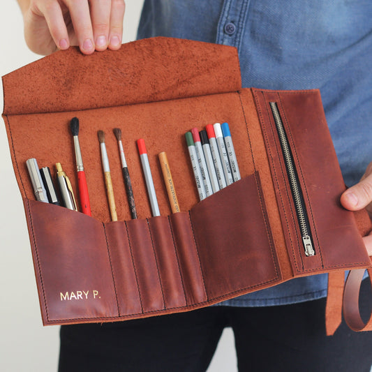 Birthday Gift for Artist, Leather Pencil Wrap, Custom Sketch Roll, Art Supply Holder, Personalized Art Organizer