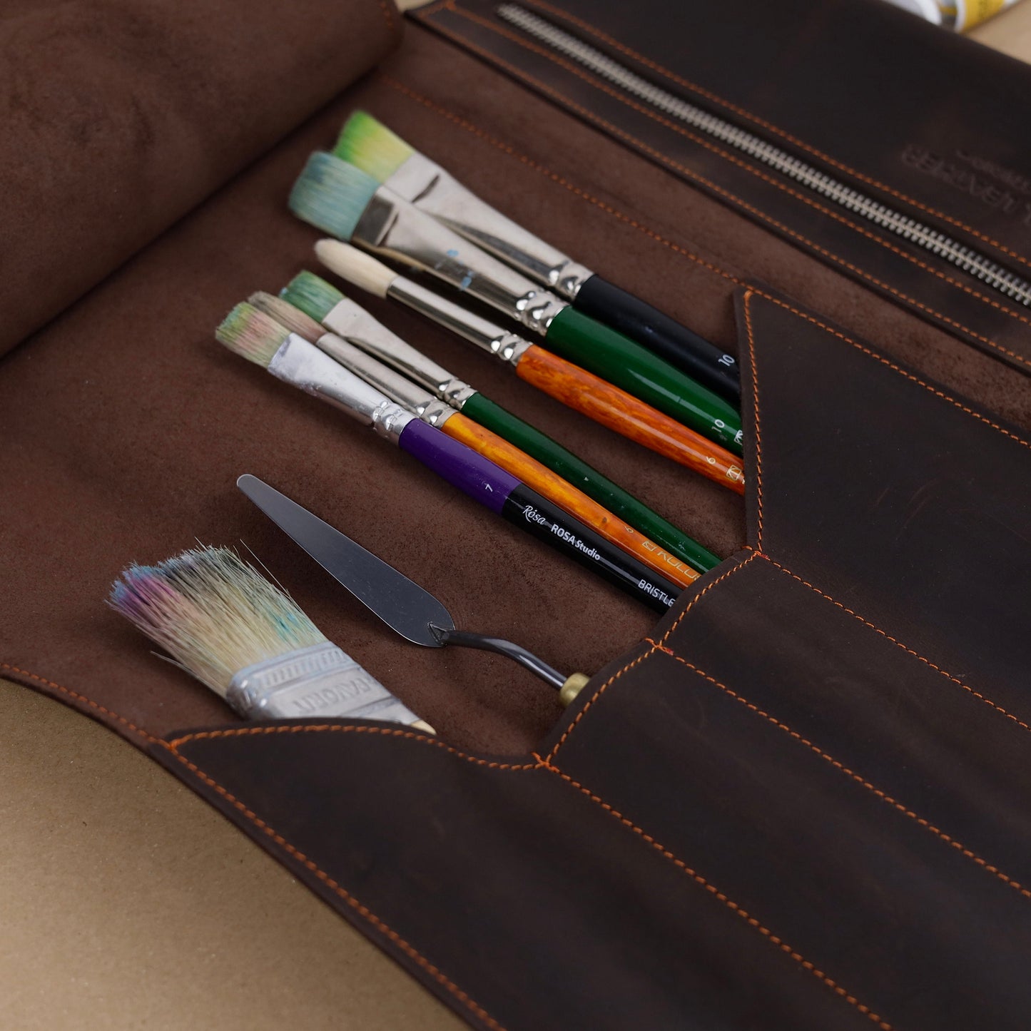 Corporate gifts for Creative Dad, Leather Pencil and Brush Roll, Handmade Art Organizer, Personalized Artist Gift