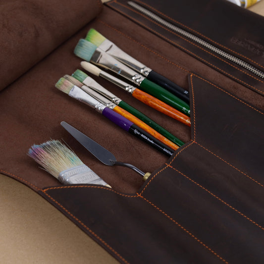 Corporate gifts for Creative Dad, Leather Pencil and Brush Roll, Handmade Art Organizer, Personalized Artist Gift